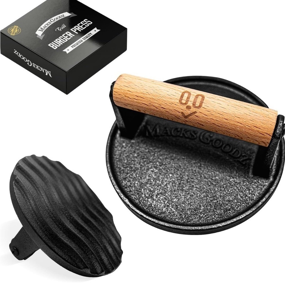 Macks Goods Cast Iron Burger Press with Wooden Handle (063)